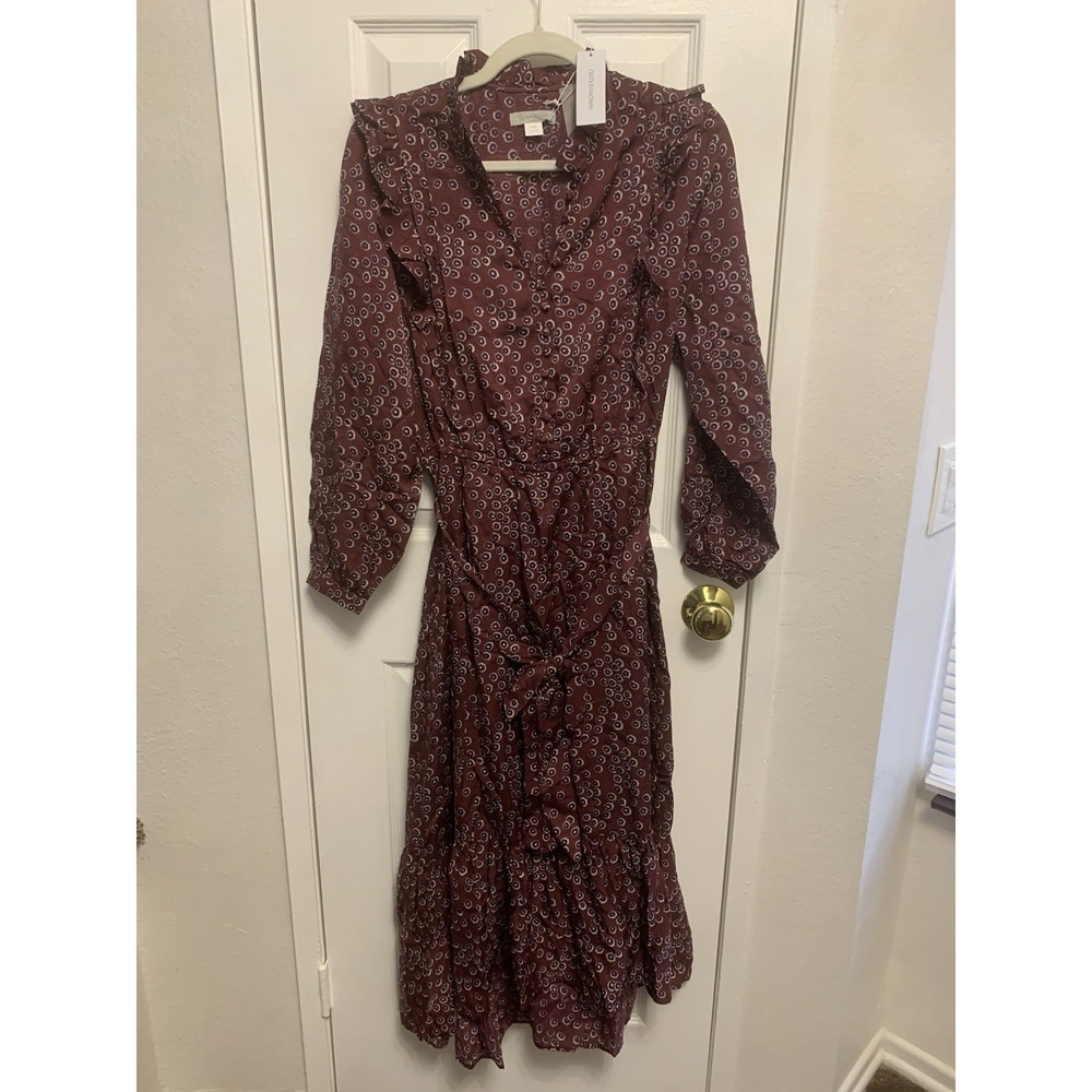 NWT Outerknown Womens  Stardust Midi Dress Plum Silk Blend Floral Boho Ruffle M